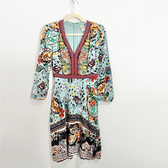 Anthropology Akemi + Kin Boho Blue Floral Beaded V-Neck Long Sleeve Dress - Picture 2 of 5